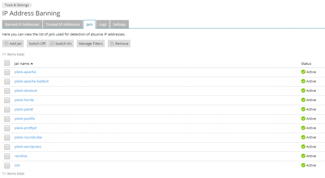 Jails tab in the Plesk fail2ban interface