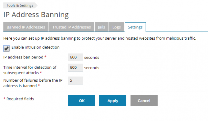 Settings tab in the Plesk fail2ban interface