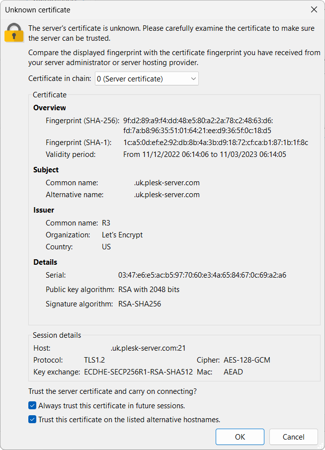 Filezilla Certificate Prompt