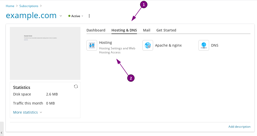 Screenshot of Plesk, indicating where to open the Hosting settings to enable SSH