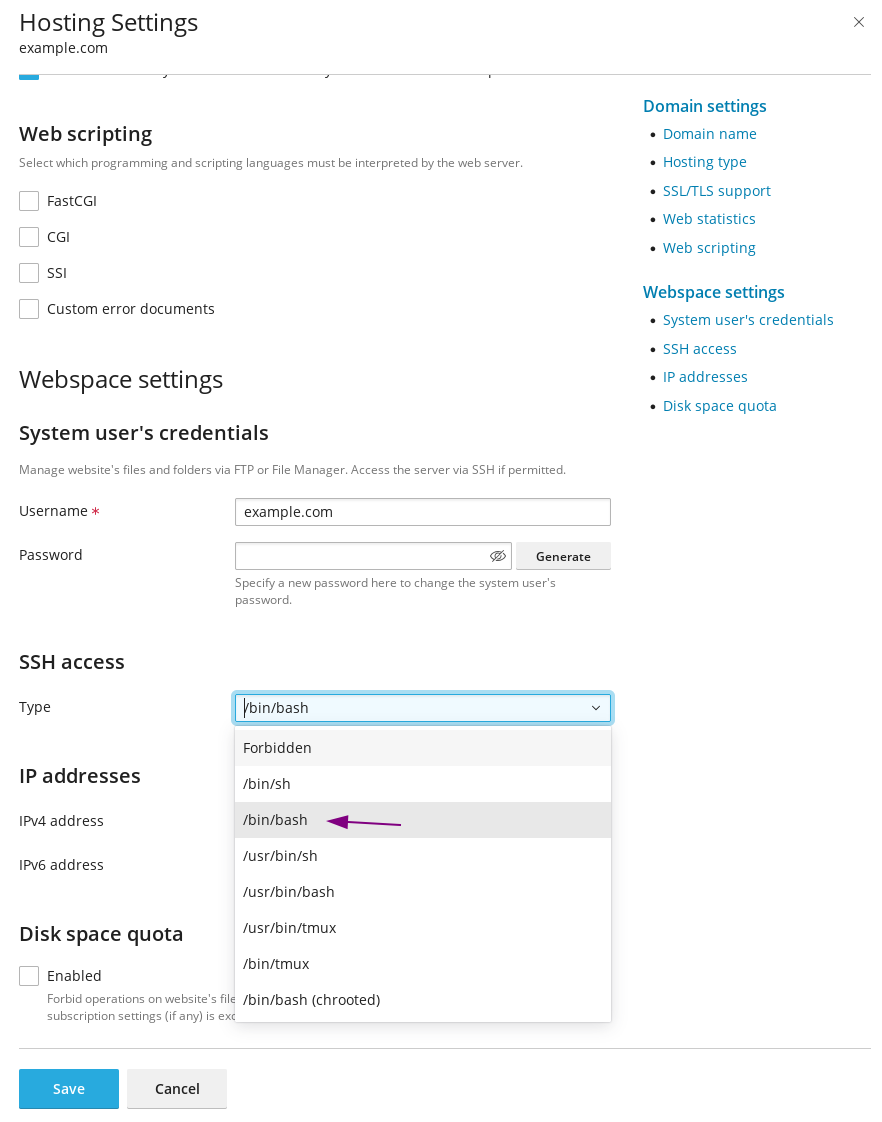 Screenshot of Plesk, indicating to set SSH access Type to /bin/bash to enable SSH access