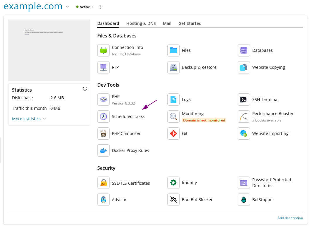 Screenshot of Plesk, indicating how to open the Scheduled Tasks (cron) section