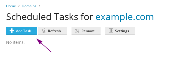 Screenshot of Plesk, indicating how to add a new Scheduled Task (cronjob)