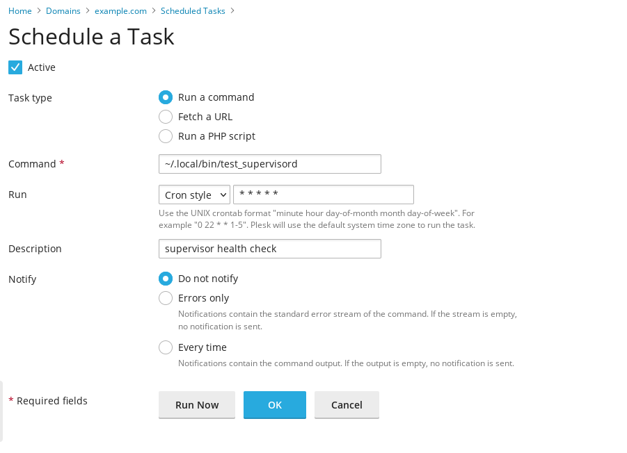 Screenshot of Plesk, indicating how to configure a Scheduled Task (cronjob) to correctly monitor supervisord
