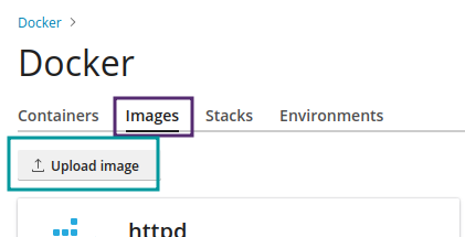 UploadImage Screenshot of the Plesk Docker extension. The Images tab is selected, and the Upload Image button at the top of that section is highlighted.
