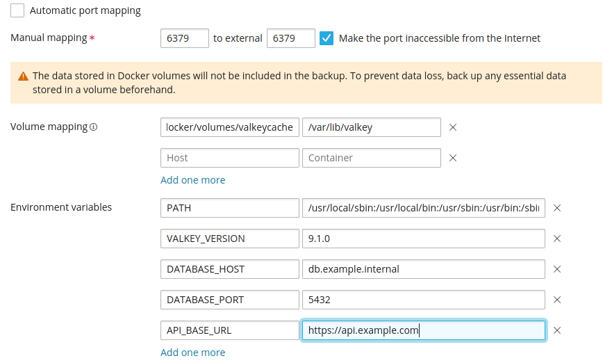 ValkeyENV Screenshot showing Automatic Mapping in unticked, Manual Mapping set to port 6379 on both host and container with the port being inaccessible from the internet. Volume mapping, as per the above image. Various common Environmental Variables within generic values to demonstrate purpose