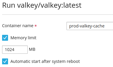 valkeyMemoryLimits Screenshot of the container name prod-valkey-cache, a set memory_limit of 1024Mb and auto-restart tick box checked