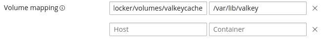 volumes Screenshot of volume mapping with server directory /var/lib/docker/volumes/valkeycache on the left and container directory /var/lib/valkey on the right. There is a blank entry showing greyed out text with Host on the right and Container on the left