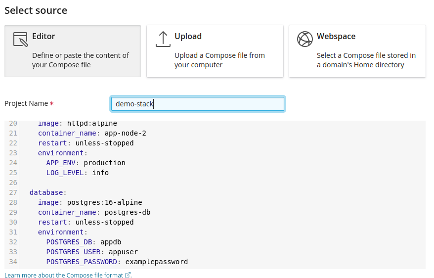 demo-stack Screenshot of the three possible upload options, a project name set to demo-stack and a sample of the YAML file within the in browser editor