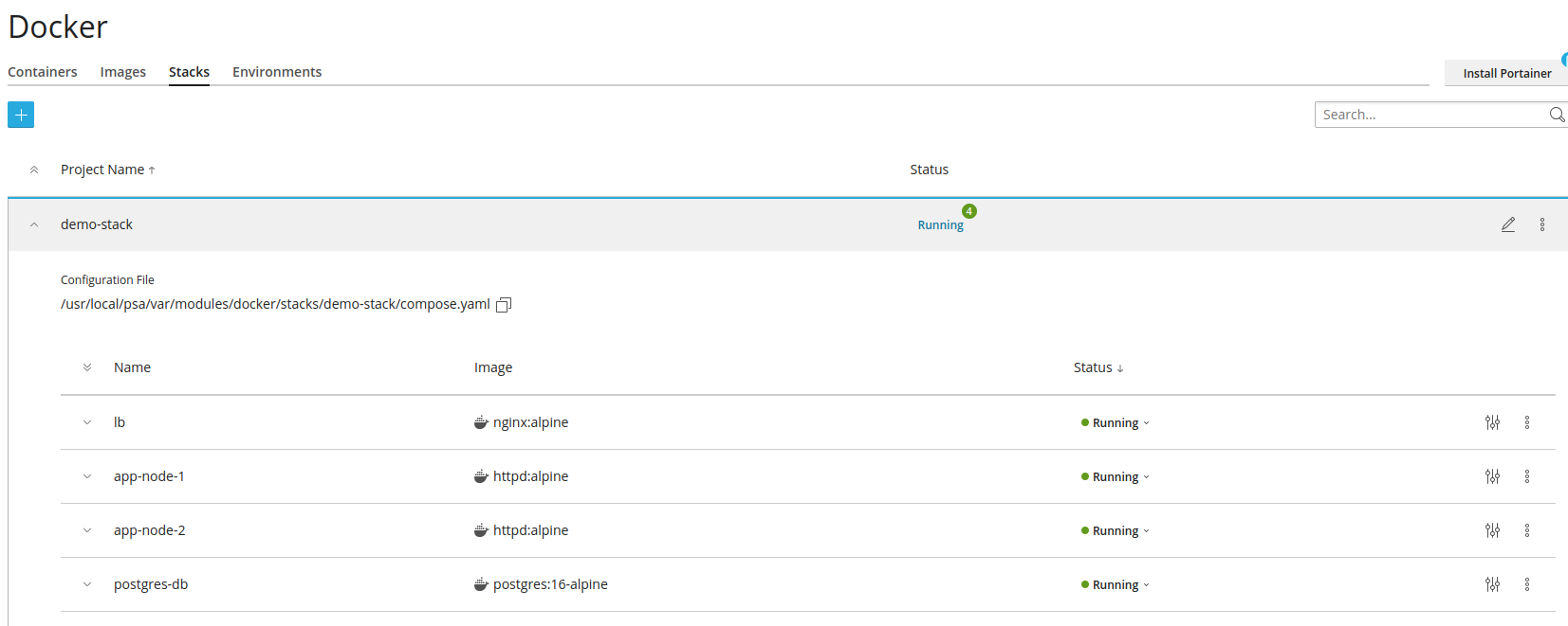 stack Screenshot of a sample stack, including an NGINX load-balancer, 2 Apache application containers and a Postgres database container