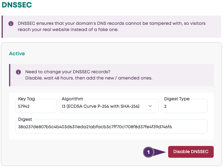 Disable DNSSEC button screenshot in Layershift Customer Dashboard