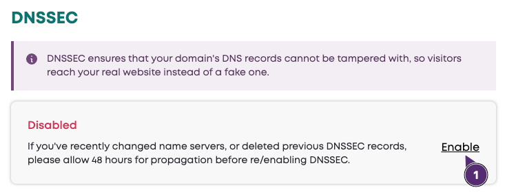 DNSSEC Enable button screenshot in Layershift Customer Dashboard